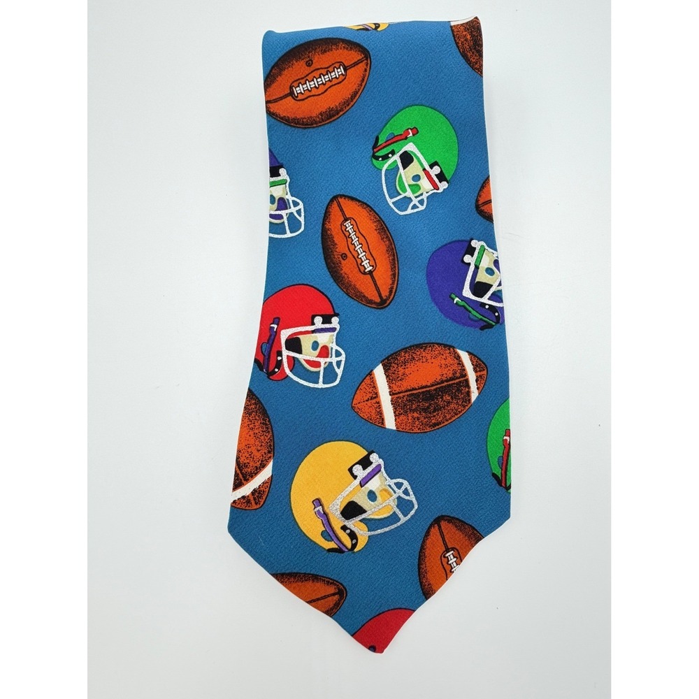 Lillian Vernon Mens Vintage Silk Football Helmet Novelty Tie Blue Sports Graphic